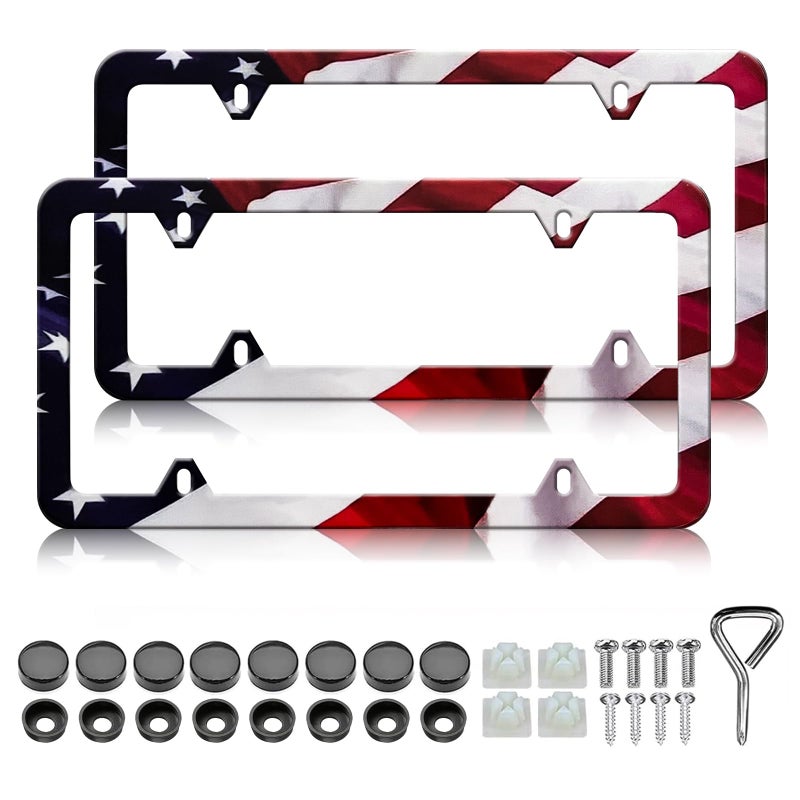 LIN KANG American Flag License Plate Frame Holder 2 Pack Patriotic Universal Aluminum Matte Stripe US Flag Gloss Car Plate Frame Covers with 4 Holes and Screws Fasteners Caps - Image 3