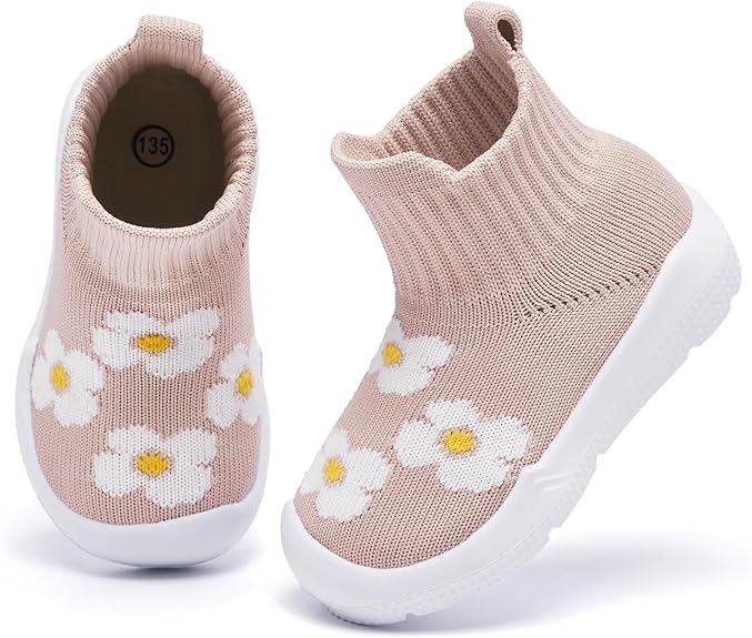 MORENDL Toddler Sock Shoes Baby Walking Shoes Infant Slippers Boys & Girls Non-Slip Sneakers Beige Flower 12-15 Months - Image 1