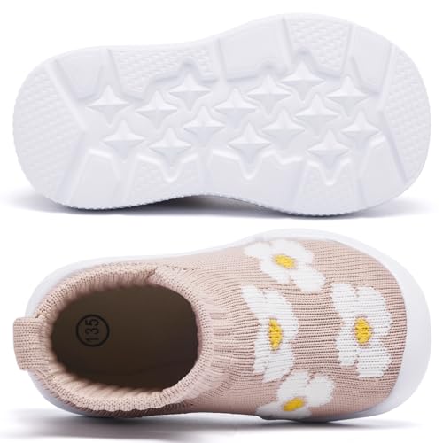 MORENDL Toddler Sock Shoes Baby Walking Shoes Infant Slippers Boys & Girls Non-Slip Sneakers Beige Flower 12-15 Months - Image 5
