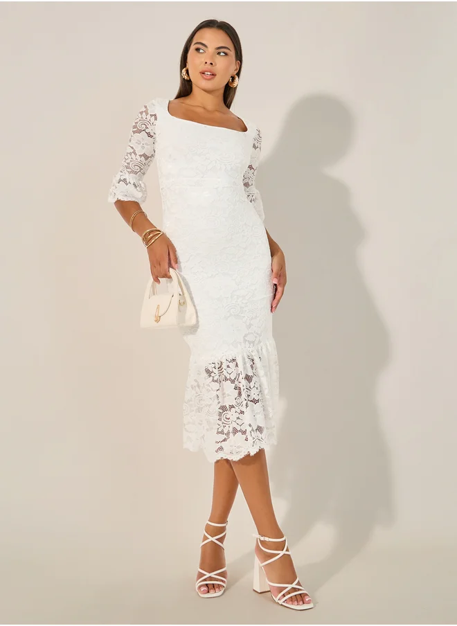 Styli Lace Square Neck Mermaid Midi Dress