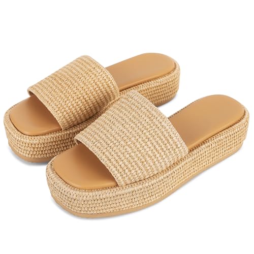 EQAUDES Platform Wedge Espadrille Sandals for Women Summer Beach Outdoor Straw Raffia Sandal Comfortable Brown Vacation Sandals for Women - Image 1