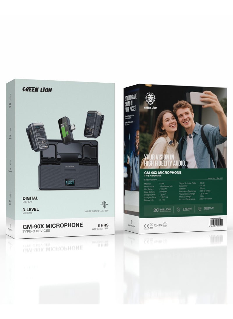 GM-90X Microphone Compatible with Type-C Devices and 3-Level Noise Cancellation / Portable Microphone / Digital Display / Ultra-Low Latency / Vibration Feedback - Black