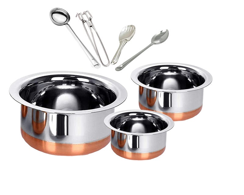 BLeaf Stainless Steel-Round Copper Bottom Tope/Heavy Guage Tope (Pack of 3) (1.5L, 2.5L, 3.5L) 4 Pcs Ladle Set (Combo) - Image 1