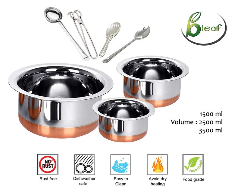 BLeaf Stainless Steel-Round Copper Bottom Tope/Heavy Guage Tope (Pack of 3) (1.5L, 2.5L, 3.5L) 4 Pcs Ladle Set (Combo) - Image 4