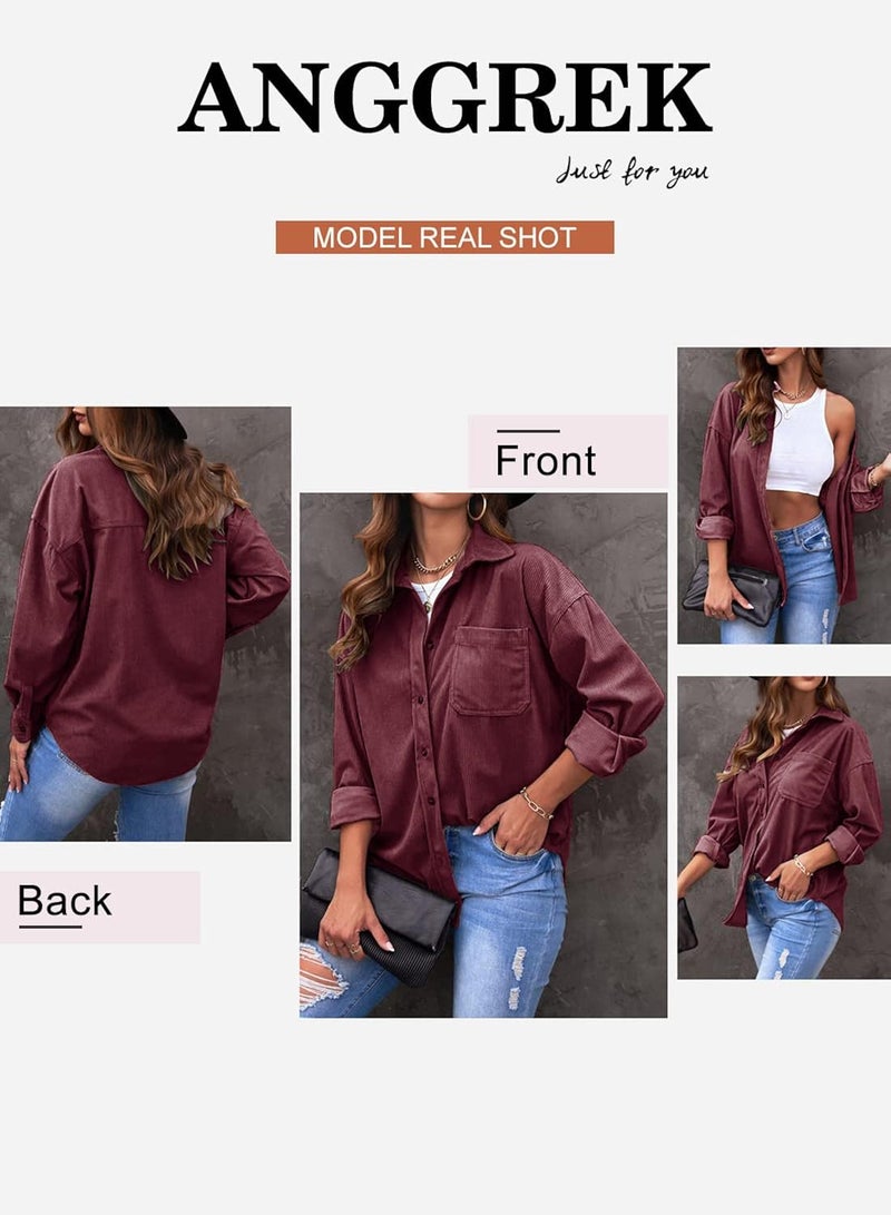 klarako Womens Corduroy Shirt Oversized Button Down Blouse Long Sleeve Shacket Lapel Collar Shirts for Women - Image 4