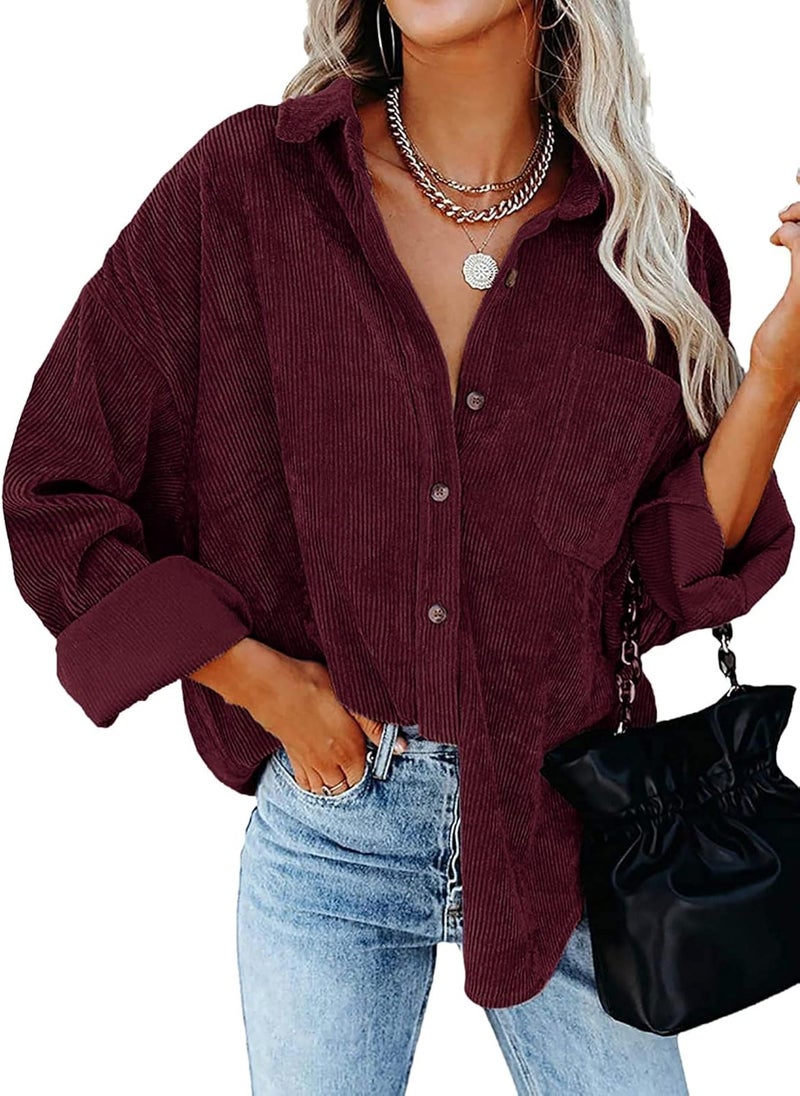 klarako Womens Corduroy Shirt Oversized Button Down Blouse Long Sleeve Shacket Lapel Collar Shirts for Women - Image 1