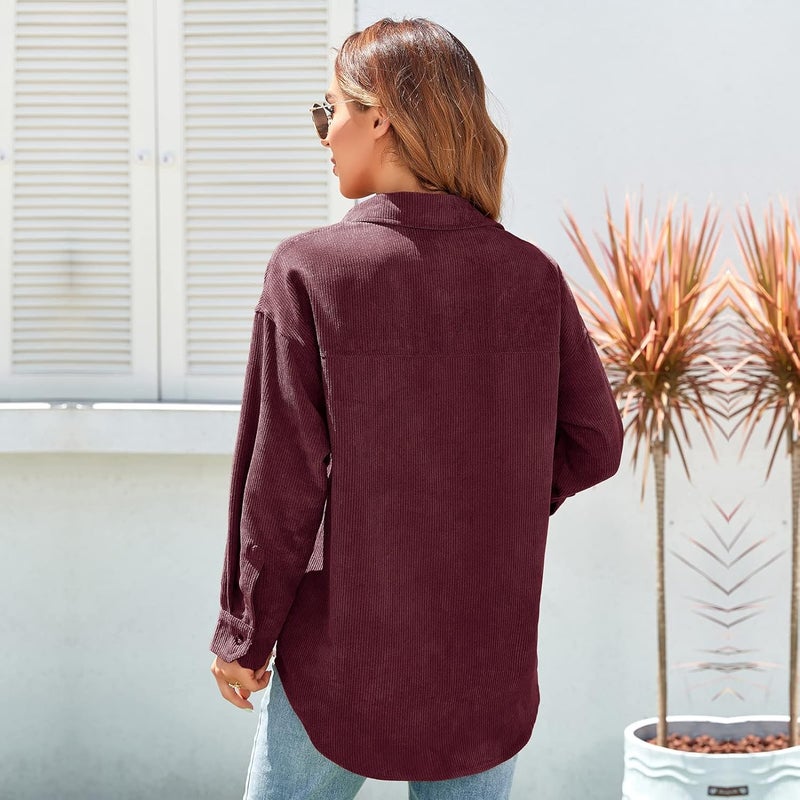 klarako Womens Corduroy Shirt Oversized Button Down Blouse Long Sleeve Shacket Lapel Collar Shirts for Women - Image 2