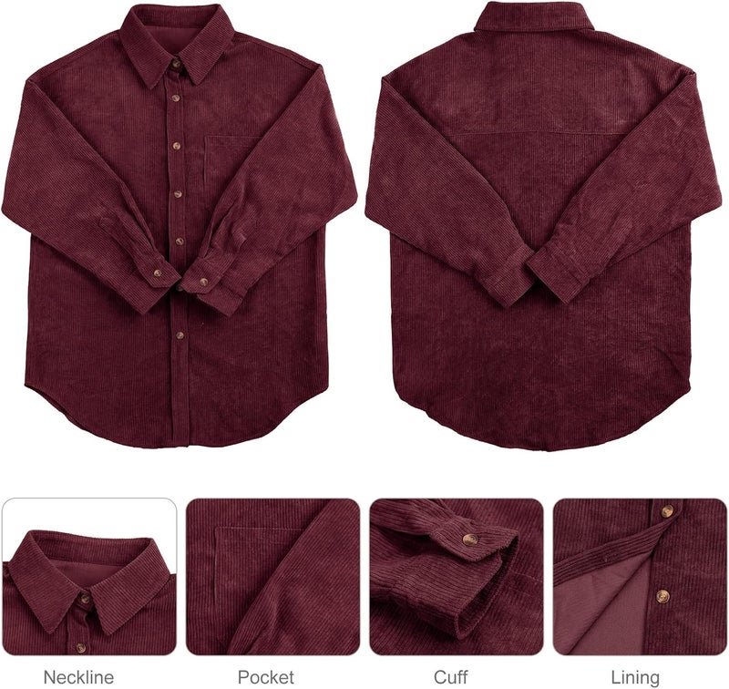 klarako Womens Corduroy Shirt Oversized Button Down Blouse Long Sleeve Shacket Lapel Collar Shirts for Women - Image 5