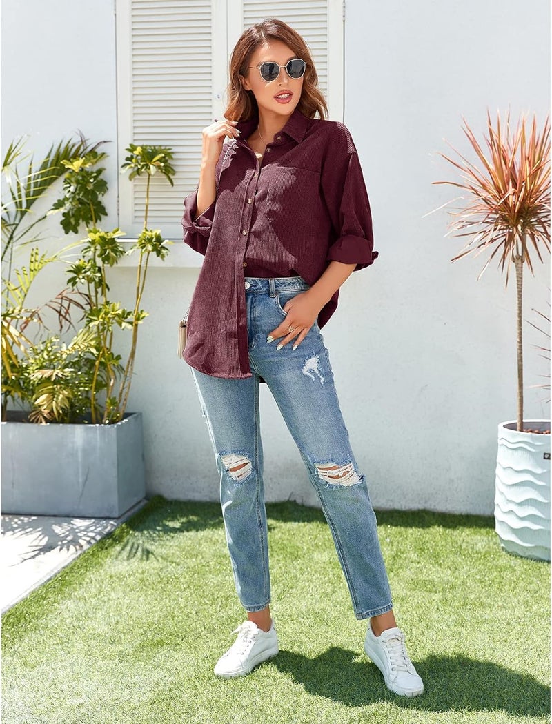 klarako Womens Corduroy Shirt Oversized Button Down Blouse Long Sleeve Shacket Lapel Collar Shirts for Women - Image 3