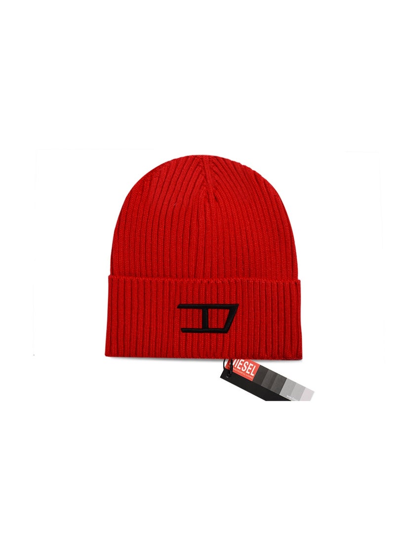Diesel Red Ribbed Knit Beanie (Black Embroidered Logo)