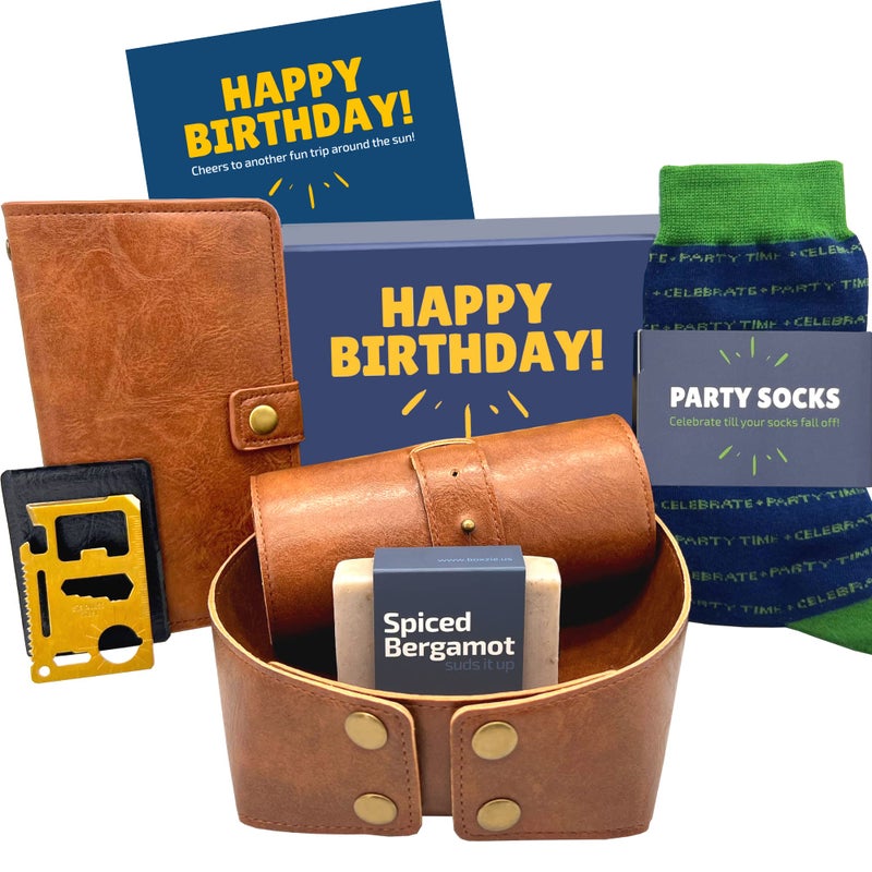 Happy Birthday Gift Box for Men Unique Gifts for Him Man Basket Set Ideas Manly Presents for Dad Husband Brother Son Boyfriend Friend Male Coworker