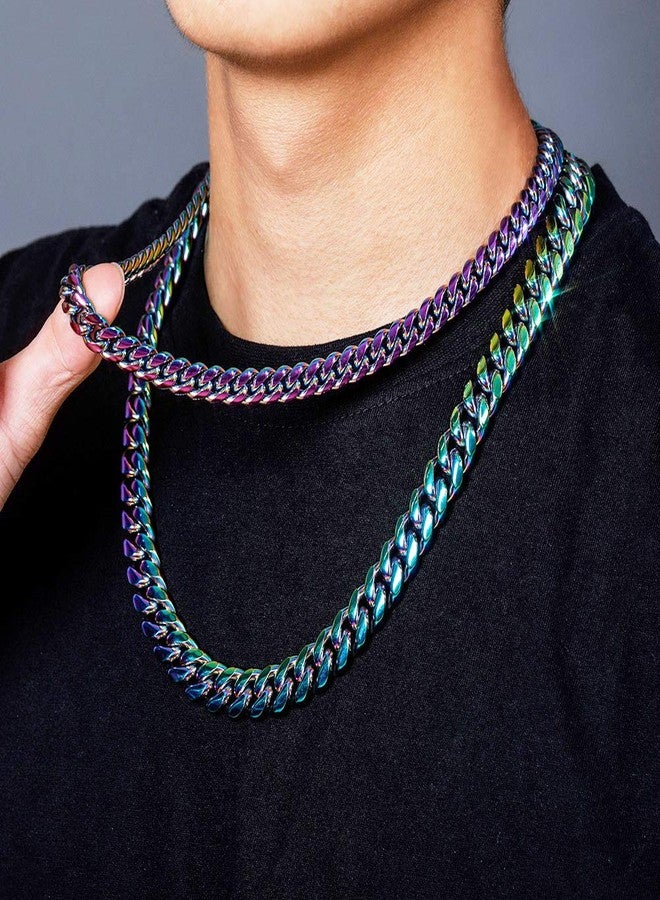 توب جريلز قلادة سلسلة كوبية صلبة بألوان قوس قزح من الفولاذ المقاوم للصدأ المصقول من TOPGRILLZ مقاس 10.14 مم للرجال والنساء، مجوهرات هيب هوب (24 بوصة، قوس قزح - 14 مم) - Image 3