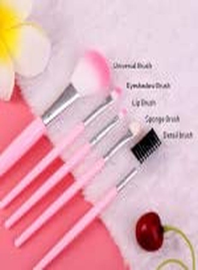 WOLTAX 5 Pcs Set Pink Mini Eyeshadow Foundation Eyebrow Lip Makeup Brush Fine Beauty /Eye Shadow Eyeliner Eyelash Cosmetic Tool Make Up Eye Premium Synthetic Silver Blending Blush Face Powder Kit - Image 2