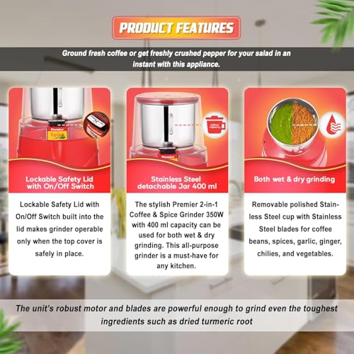 Premier Spice Grinder | 350W Wet & Dry Multifunction Food Grinder | Stainless Steel Herbs, Spices, Nuts, and Coffee Grinder for Home & Office with Detachable Jar - Image 5