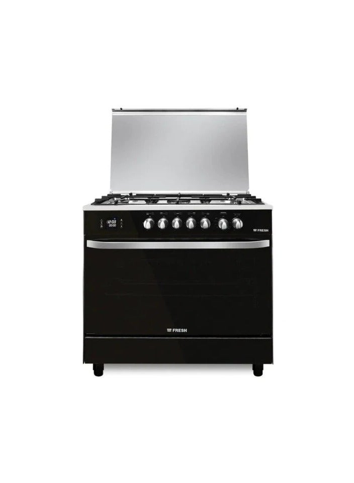 Fresh Hammer Touch Freestanding Digital Gas Cooker, 5 Burners, Black Glass, 90 Cm 500016948