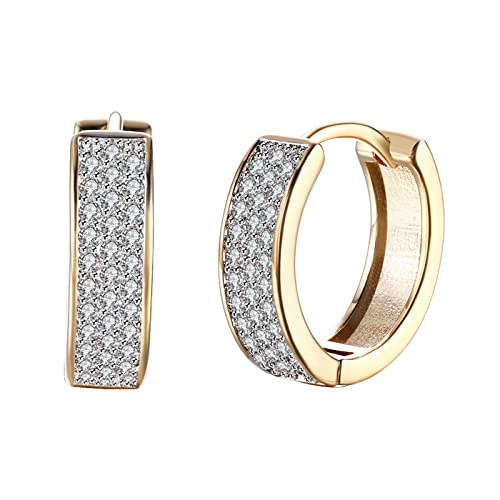 WSKFLY 14K Gold Plated Cubic Zirconia Hoop Earrings,Three Row Diamon | Arrows | Double Row of Diamonds Huggie Earrings for Women (three-row drill) - Image 1