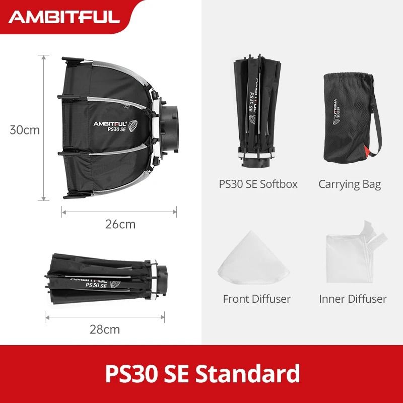 أمبيتيفول صندوق إضاءة ناعم Ambitful PS30 SE Mini Quick Release Octagon Softbox with Bowens Mount for LED Studio Light - Image 1