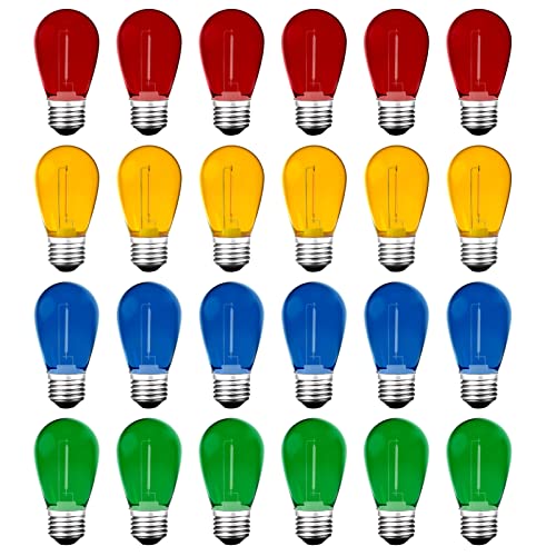 Meconard 24Pack S14 Colored LED String Light Bulbs1Watt Plastic Shatterproof Waterproof Outdoor Indoor Replacement Bulbs for Home Decor E26 Medium Base MultiColor RedGreenBlueOrange - Image 1