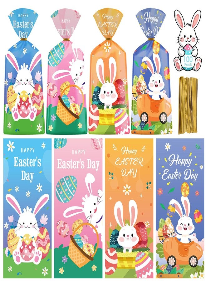 Litmitfu 100 Pcs Happy Easter Treat Bags - Cute Bunny Cellophane Goodie Bags, Plastic Happy Easters Day Cello Candy Goody Gift Bag with Twist Ties for Spring Easter Party Favor Supplies, 4 Styles - Image 1