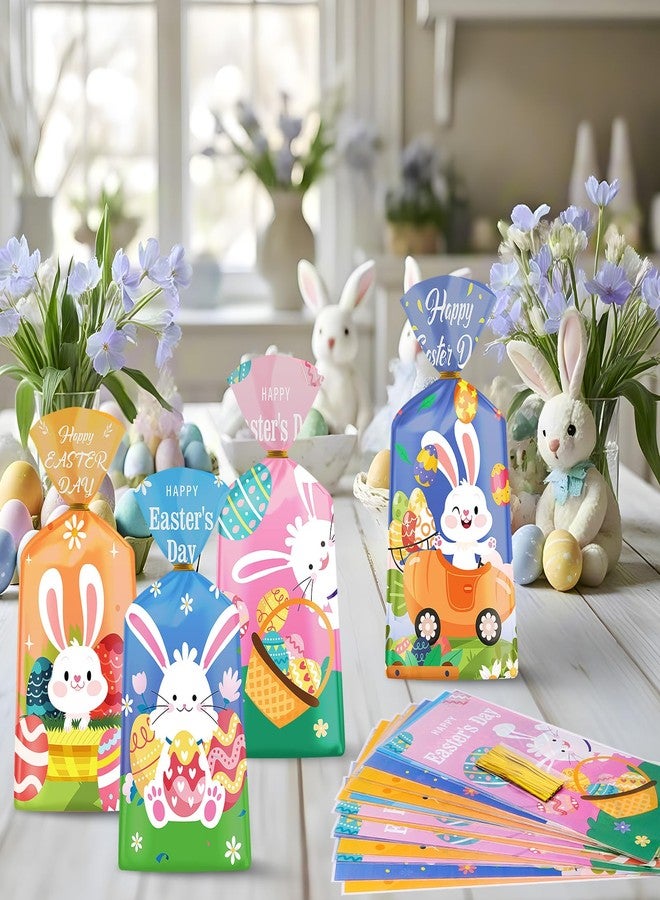 Litmitfu 100 Pcs Happy Easter Treat Bags - Cute Bunny Cellophane Goodie Bags, Plastic Happy Easters Day Cello Candy Goody Gift Bag with Twist Ties for Spring Easter Party Favor Supplies, 4 Styles - Image 2