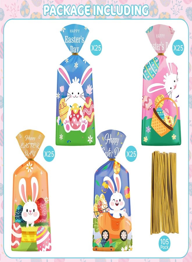 Litmitfu 100 Pcs Happy Easter Treat Bags - Cute Bunny Cellophane Goodie Bags, Plastic Happy Easters Day Cello Candy Goody Gift Bag with Twist Ties for Spring Easter Party Favor Supplies, 4 Styles - Image 3