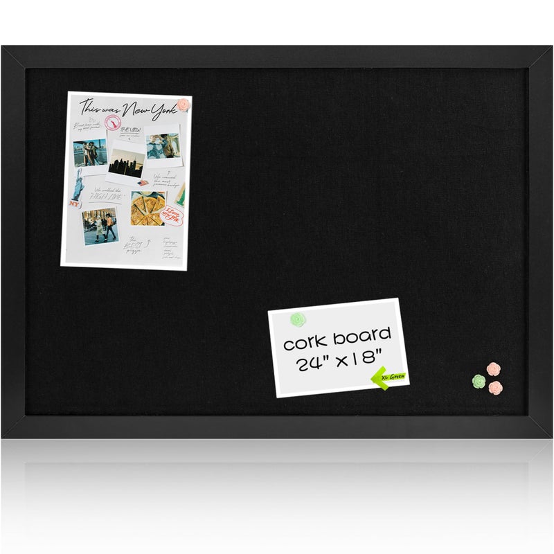 Board2by Black Cork Board Bulletin Board with Linen Wood Framed 24 x 18 Corkboard Office Board for Wall Decor Wall Mounted Pin Board Picture Board with 20 Pushpins for School Home Office
