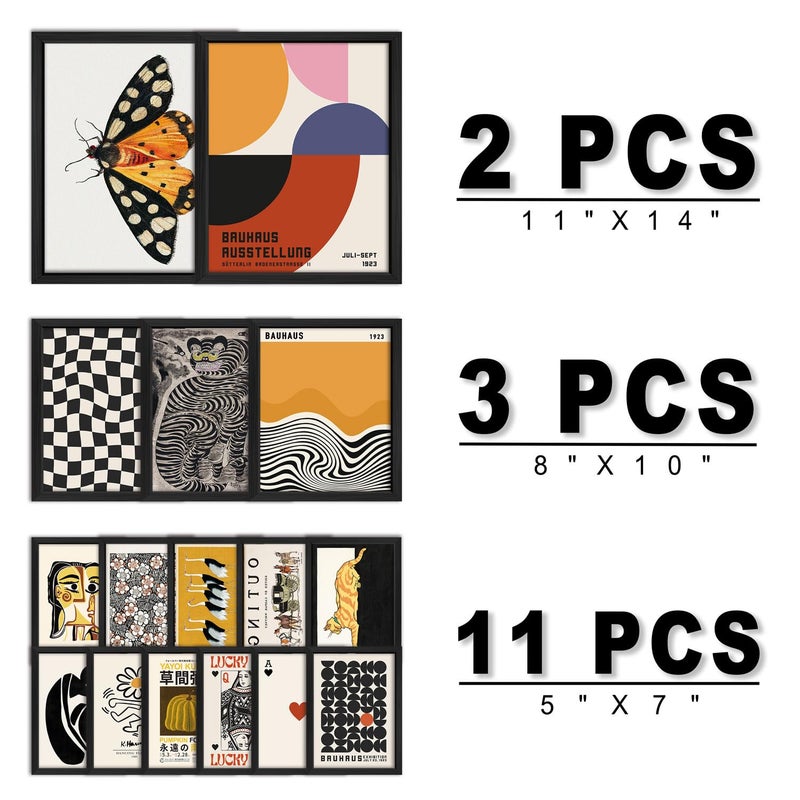 ANERZA 16 PCS Framed Eclectic Wall Art Decor, Modern Maximalist Wall Prints for Bedroom, Vintage Gallery Wall Frame Set, Bauhaus Funky Posters for Home Decor, Retro Abstract Dorm Collage Kit - Image 2