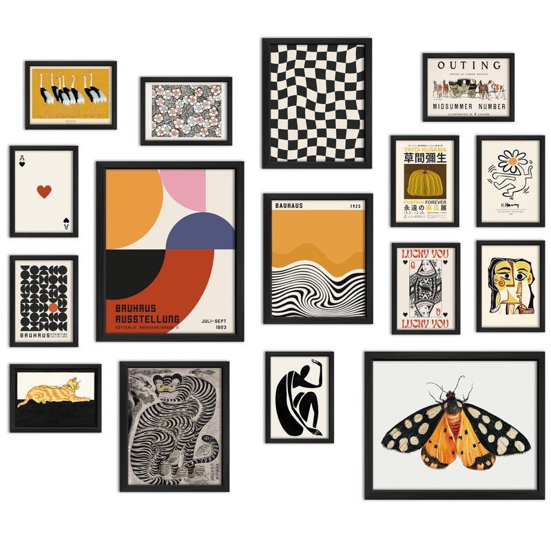 ANERZA 16 PCS Framed Eclectic Wall Art Decor, Modern Maximalist Wall Prints for Bedroom, Vintage Gallery Wall Frame Set, Bauhaus Funky Posters for Home Decor, Retro Abstract Dorm Collage Kit - Image 1