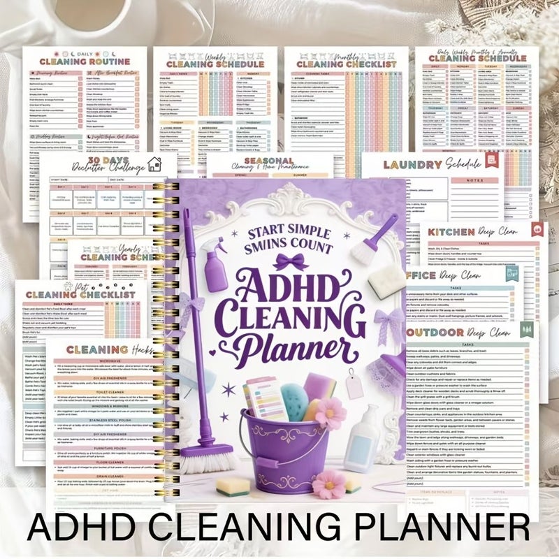 مخطط التنظيف الأرجواني لـ ADHD – مجلد حلزوني – جدول تنظيف مرمّز بالألوان – مخطط يومي، أسبوعي، شهري، سنوي – قائمة مهام التنظيف – سجل إنتاجية للمنزل، المكتب، ربة المنزل، الأم – تصميم غلاف متين - Image 1