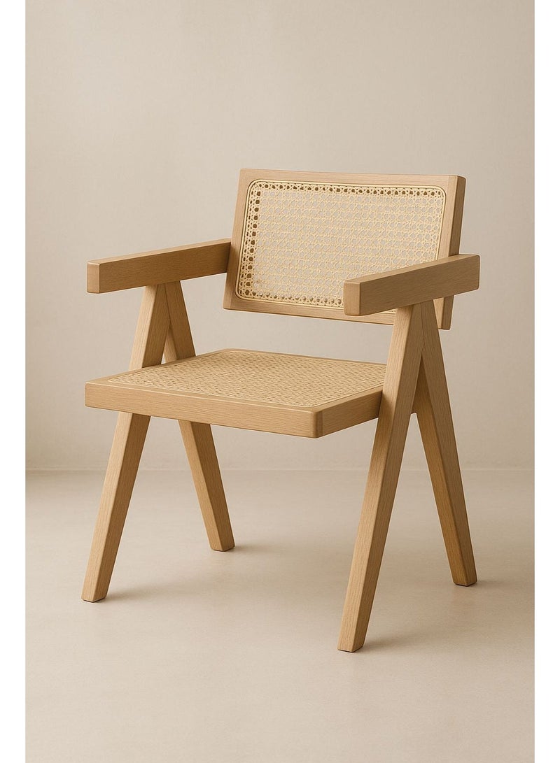 رومان جيفتس كرسي طعام مصنوع من الخشب الطبيعي والروطان ذو ذراعين للمطبخ وغرف النوم - Image 1