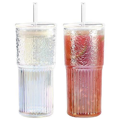 GOSCHE 20oz Glass Cups with Straws and Lids Drinking Jar 2 Packs Iced Coffee Cups Glass Tumblers for Water Smoothie Milkshake Iridescent