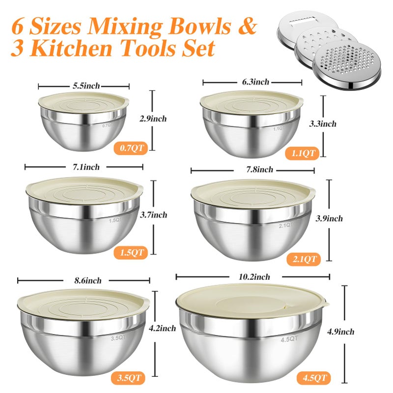 Winproper Mixing Bowls with Lids Set, 6 PCS Stainless Steel Mixing Bowls with 3 Grater Attachments, Kitchen Food Storage Organizers Nesting Mixing Bowl, Large Size 4.5, 3.5, 2.1, 1.5, 1.1, 0.7QT - Image 5