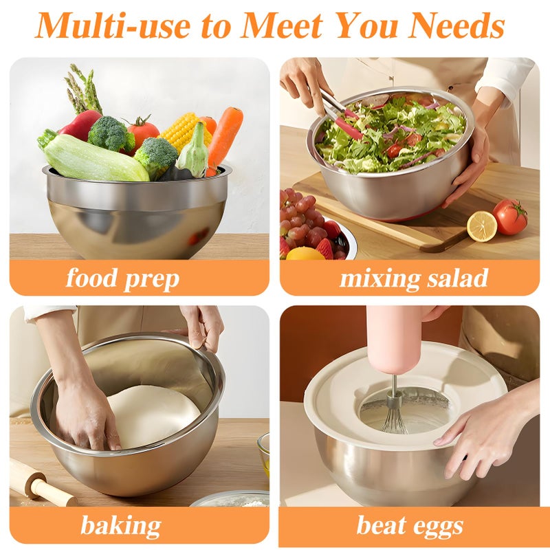 Winproper Mixing Bowls with Lids Set, 6 PCS Stainless Steel Mixing Bowls with 3 Grater Attachments, Kitchen Food Storage Organizers Nesting Mixing Bowl, Large Size 4.5, 3.5, 2.1, 1.5, 1.1, 0.7QT - Image 4