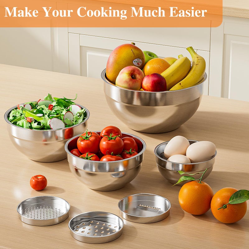 Winproper Mixing Bowls with Lids Set, 6 PCS Stainless Steel Mixing Bowls with 3 Grater Attachments, Kitchen Food Storage Organizers Nesting Mixing Bowl, Large Size 4.5, 3.5, 2.1, 1.5, 1.1, 0.7QT - Image 2