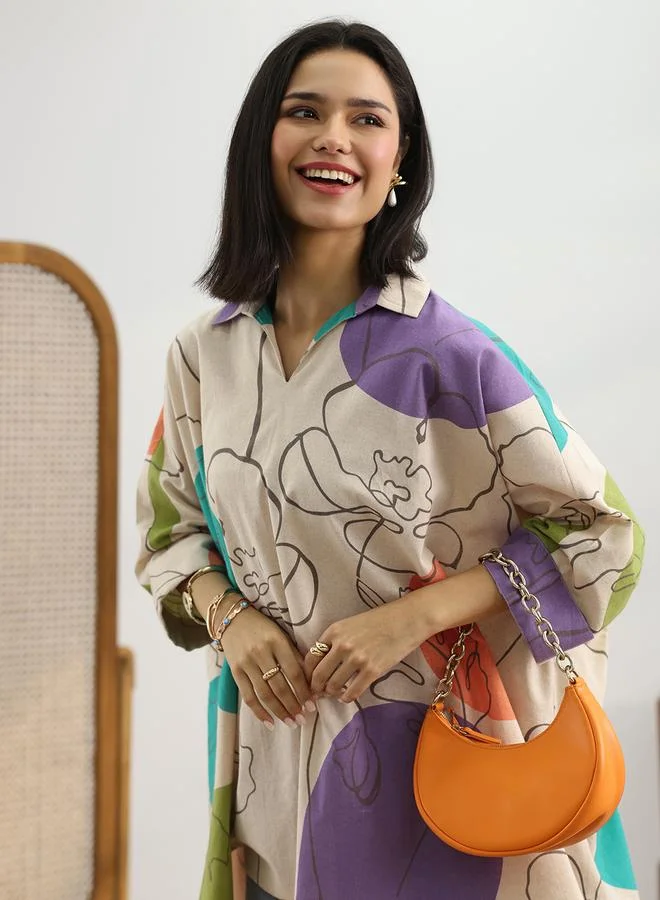 Libas Off White Printed Cotton Straight Kurti
