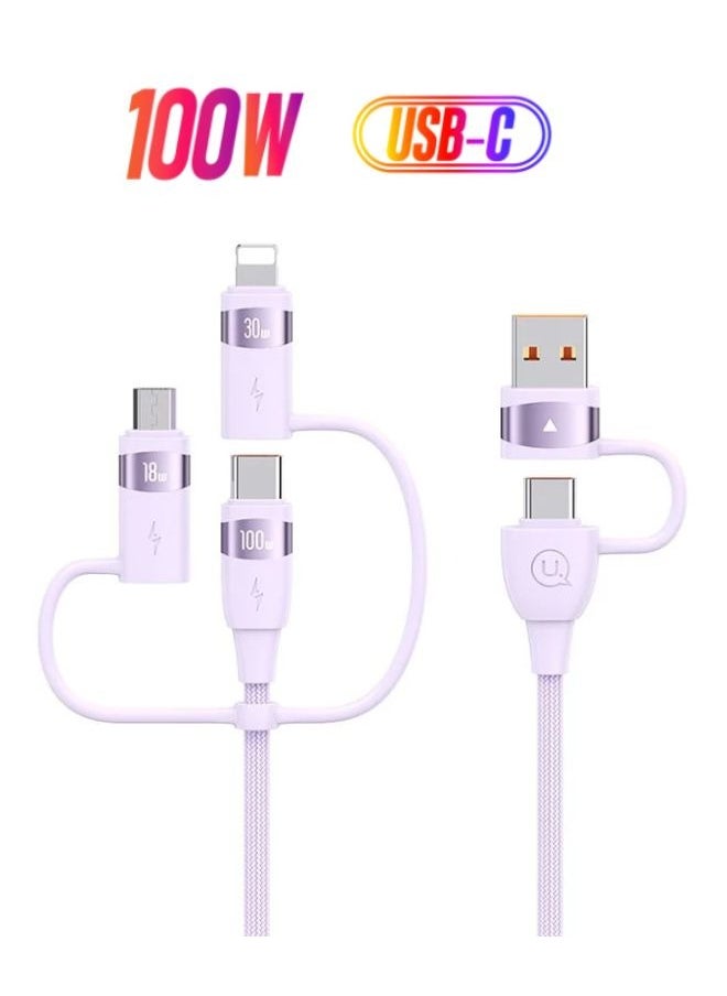 Usams 6 in 1 PD 100W Fast Charging Cable USB-A to Type-C to Type-C+8Pin+Micr 1.2m Data Cord - Purple  - Image 1