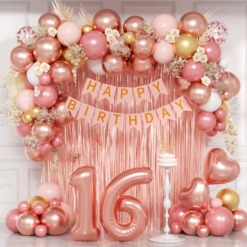 Leraqertra Sweet 16 Party Decorations, 16th Birthday Decorations with Happy Birthday Banner Fringe Curtain Metallic Rose Gold Pink White Confetti Number Foil Balloons for Sweet 16 Birthday Party Decor - Image 1