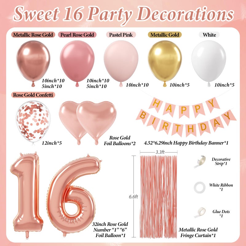 Leraqertra Sweet 16 Party Decorations, 16th Birthday Decorations with Happy Birthday Banner Fringe Curtain Metallic Rose Gold Pink White Confetti Number Foil Balloons for Sweet 16 Birthday Party Decor - Image 2