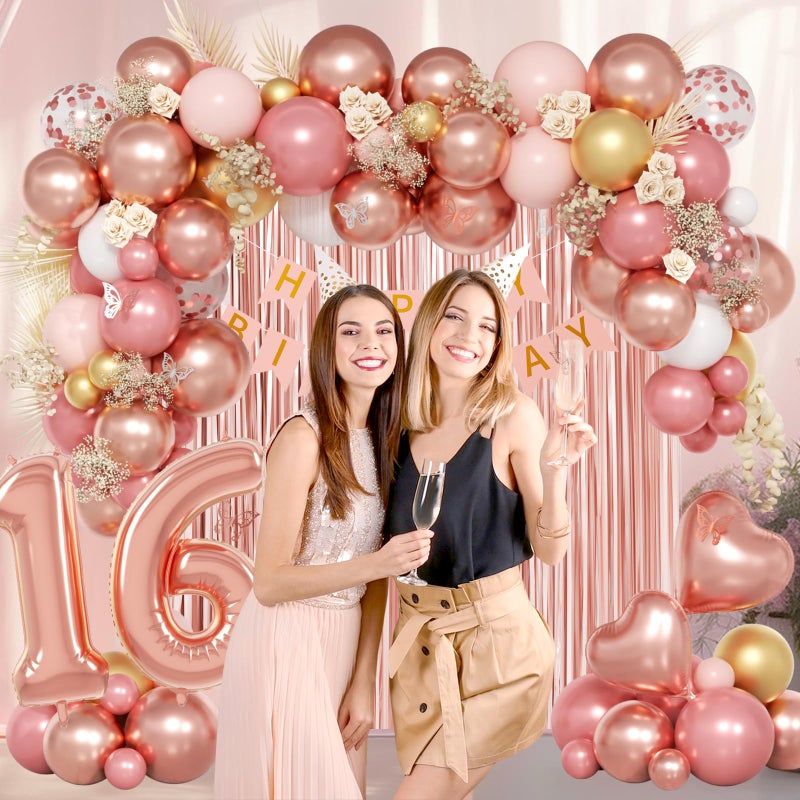 Leraqertra Sweet 16 Party Decorations, 16th Birthday Decorations with Happy Birthday Banner Fringe Curtain Metallic Rose Gold Pink White Confetti Number Foil Balloons for Sweet 16 Birthday Party Decor - Image 5