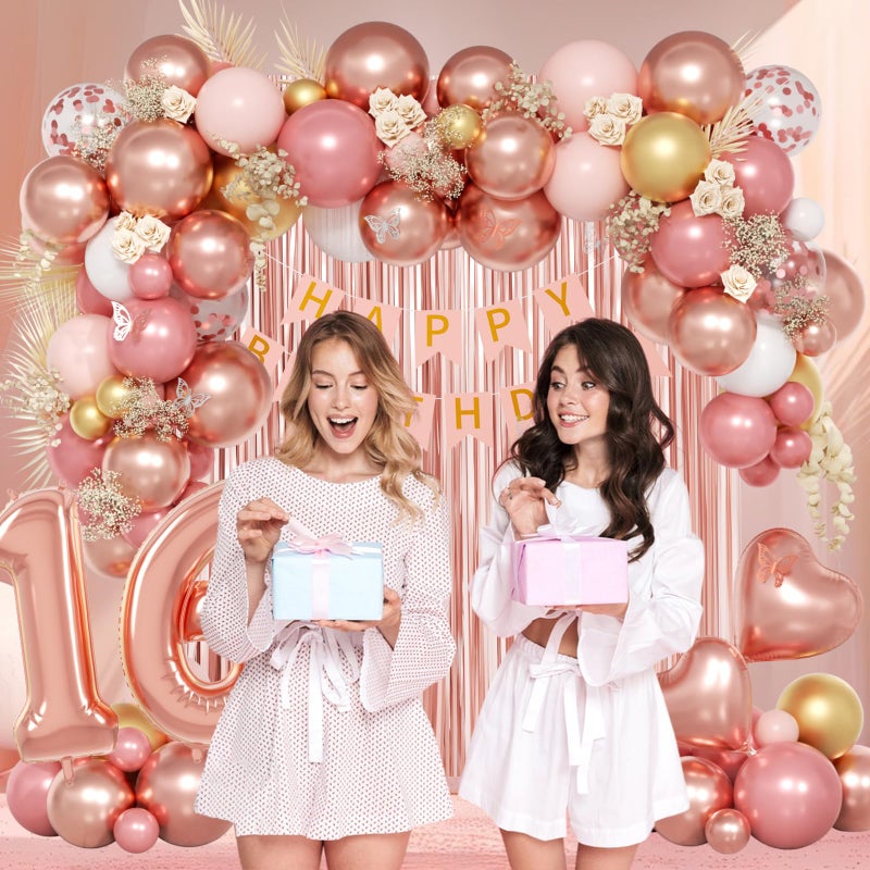 Leraqertra Sweet 16 Party Decorations, 16th Birthday Decorations with Happy Birthday Banner Fringe Curtain Metallic Rose Gold Pink White Confetti Number Foil Balloons for Sweet 16 Birthday Party Decor - Image 4