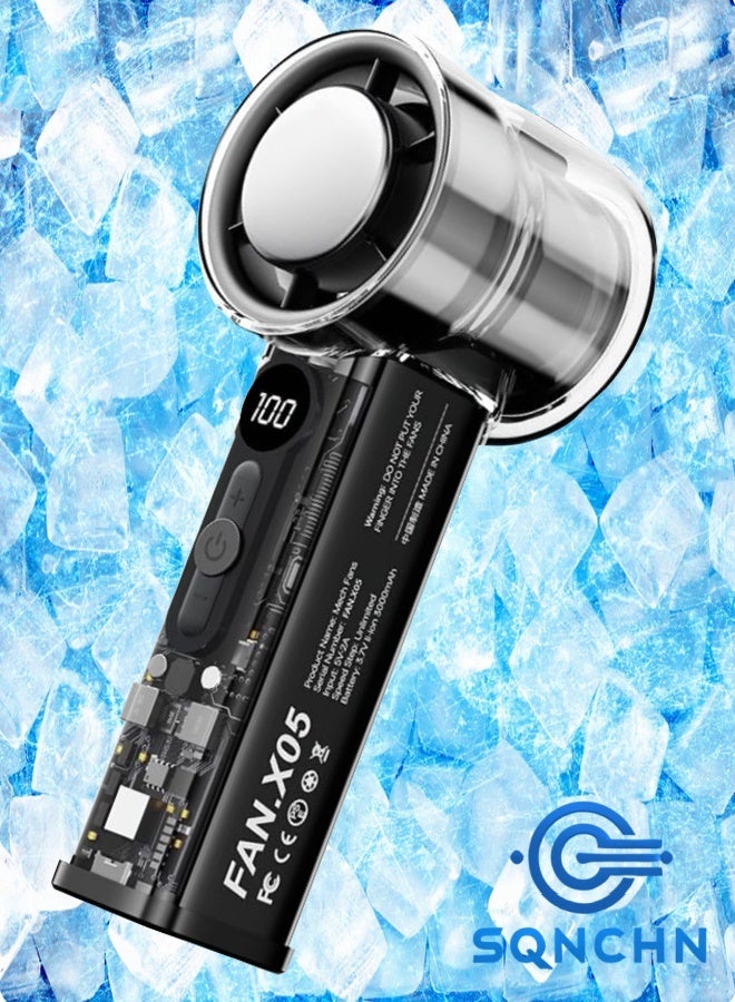 SQNCHN High-Tech Turbo Ice-Cooling Fan – Real Ice Effect, 100-Speed Adjustable Handheld Fan with Digital Display – Premium Build, Transparent Blade, 3000mAh USB Rechargeable, 18H Runtime – for Travel, Outdoor, Camping – Black - Image 1