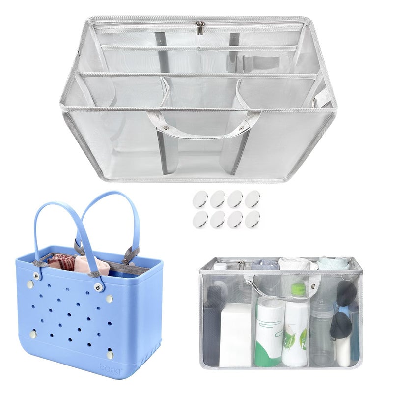 XYFuuee Beach Bag Organizer Inserts for Baby Medium Bogg Bag Accessories with 8 Removable Metal Fasteners Lightweight Mesh Insert Divider Pouch Organizing Rubber Tote Save Storage Space Gray M - Image 2