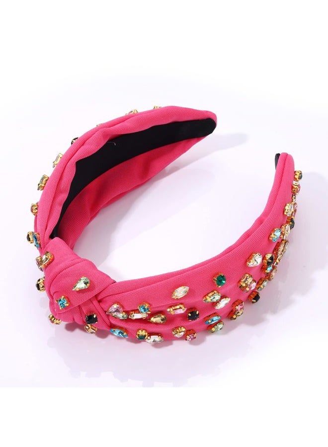 NVENF Hot Pink Headband Rhinestone Knotted Headbands for Women, Crystal Beaded Jeweled Headbands, Top Knot Headbands Womens Fashion Hairbands Summer Hair Accessories - Image 4