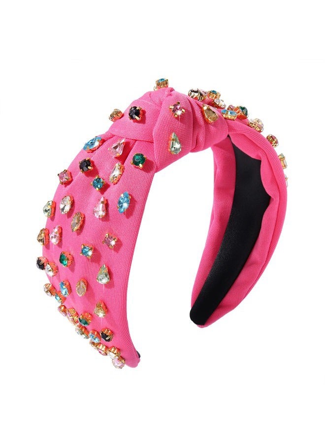 NVENF Hot Pink Headband Rhinestone Knotted Headbands for Women, Crystal Beaded Jeweled Headbands, Top Knot Headbands Womens Fashion Hairbands Summer Hair Accessories - Image 1