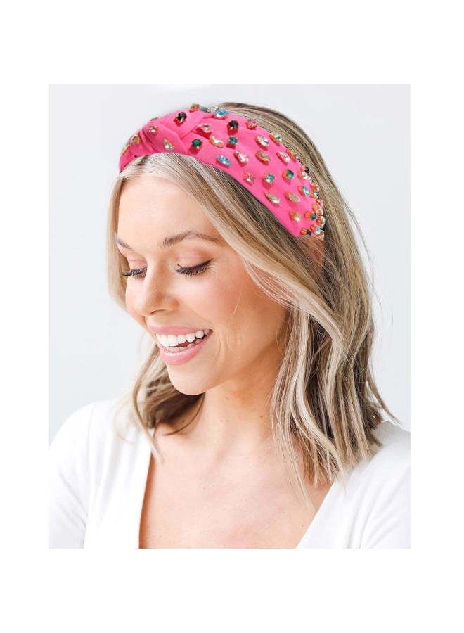 NVENF Hot Pink Headband Rhinestone Knotted Headbands for Women, Crystal Beaded Jeweled Headbands, Top Knot Headbands Womens Fashion Hairbands Summer Hair Accessories - Image 2