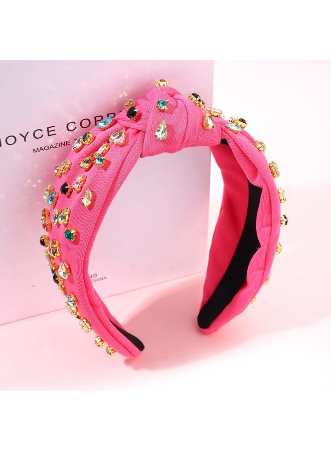 NVENF Hot Pink Headband Rhinestone Knotted Headbands for Women, Crystal Beaded Jeweled Headbands, Top Knot Headbands Womens Fashion Hairbands Summer Hair Accessories - Image 5
