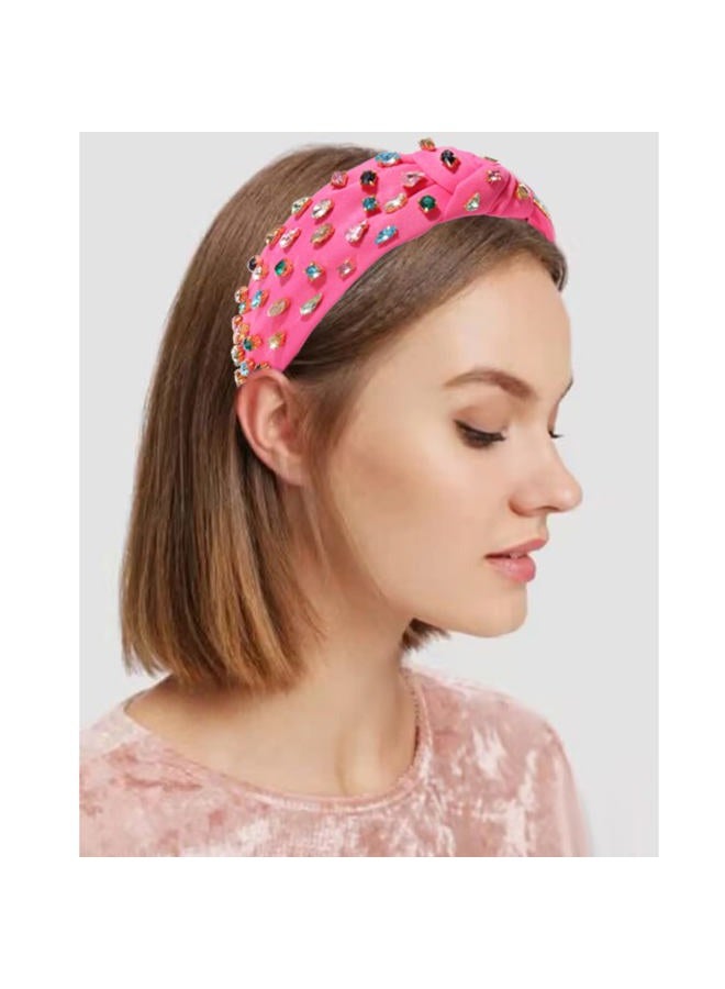 NVENF Hot Pink Headband Rhinestone Knotted Headbands for Women, Crystal Beaded Jeweled Headbands, Top Knot Headbands Womens Fashion Hairbands Summer Hair Accessories - Image 3