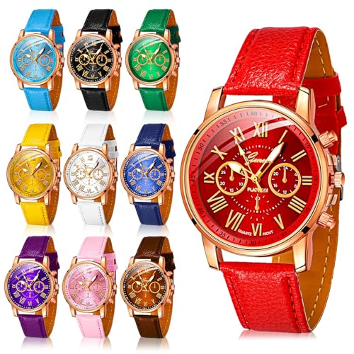 Yinkin 10 Pcs Assorted Platinum Watch Unisex Quartz Watch Sets for Women Men Ladies Watches Roman Numerals PU Leather Women's Wrist Watches - Image 1