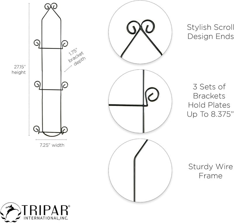 Tripar Vertical Wall Plate Rack, Black Display (3 Tiers) - Lightweight & Durable - Contains 3 Non-Adjustable Brackets - Elegantly Display Plates, Tiles, Artwork, & More - Image 1