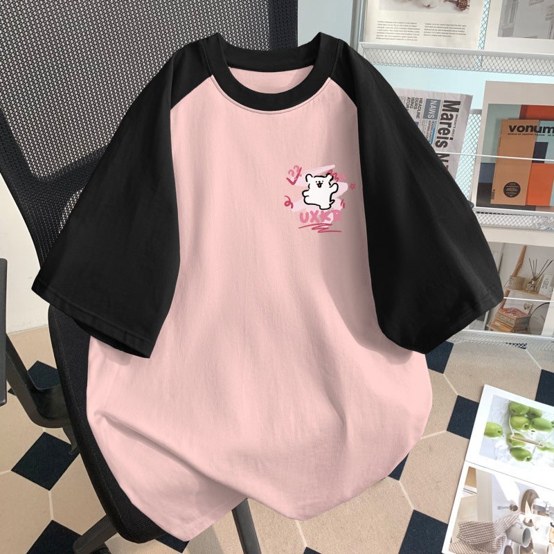 Girls Short-Sleeved T-Shirt Summer Kidsren'S Slim Short Contrasting Color Stitching Letter Print Top Versatile - Image 5